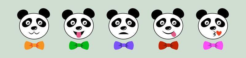 ponga una linda cara de panda con una pajarita colorida, un conjunto de emoticonos de animales. iconos de emojis sonrisa de emoticonos de redes sociales. animal mascota en estilo de dibujos animados. impresión divertida de los niños del bebé. ilustración vectorial aislada vector