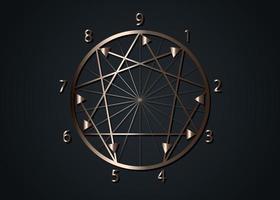 The nine Enneagram icon, sacred geometry, metallic silver vector illustration isolated on black background. Numbers from one to nine concerning the nine types of personality