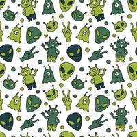 extraterrestres, objeto volador no identificado ufo vector doodle patrón sin costuras. divertidas criaturas verdes de dibujos animados en el espacio. rostros y manos de marcianos sobre un fondo blanco para la impresión infantil