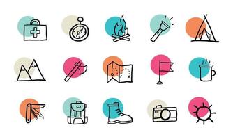 conjunto de diseño de iconos de viaje al aire libre. ilustración de dibujado a mano de camping simple y linda vector