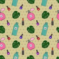 Vector seamless pattern of cosmetics.Creams,lipstick, nail polish, face masks. Cosmetics store, beauty salon, postcard design,prints made of wrapping paper and packaging.Sketch a fashionable banner