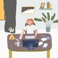 The woman works at the computer. Remote work from home. The designer works from an apartment. Hand draw style vector