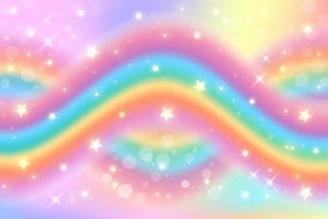 fondo de unicornio de arco iris de fantasía holográfica. cielo de color pastel. paisaje mágico, patrón fabuloso abstracto. lindo fondo de pantalla de dulces. vector.