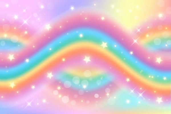Holographic fantasy rainbow unicorn background. Pastel color sky. Magical landscape, abstract fabulous pattern. Cute candy wallpaper. Vector.