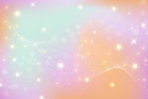 Rainbow fantasy background. Holographic illustration in pastel colors. Cute cartoon girly background. Bright multicolored sky with stars and hearts. Vector. vector