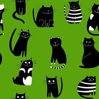 Seamless black and white cartoon cats, hand drawn. Funny seamless pattern vector