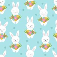 Seamless cute pattern smile rabbit with flowers. Funny seamless pattern on blue background vector