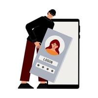 Hacker attack. Fraud with user data on social networks. Credit or debit card theft. Internet phishing, hacked username and password. Cybercrime and crime. A thief on a website online on the internet vector
