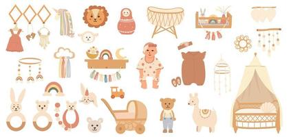 Vector hand-drawn boho-style clipart for decorating a children's room with a baby, a crib and a stroller, toys. Perfect for children's room, birthday party, children's party