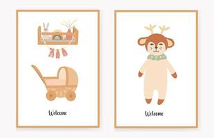 set of invitation cards for children with a cute deer and the interior of the nursery, a stroller and a shelf with toys. Welcome. Vector illustration.