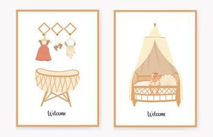 set of invitation cards for children with a crib and a hanger, in the boho style. Welcome. Vector illustration