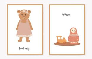 juego de tarjetas de invitación para niños con un lindo oso y una muñeca matryoshka con una máquina de escribir. dulce Bebe. bienvenido. ilustración vectorial vector