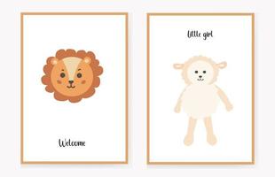 set of invitation cards for children with a lamb and a cute lion. welcome, little girl. Vector illustration