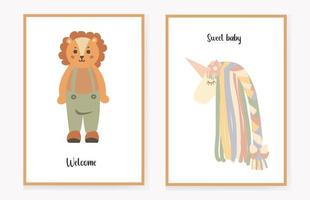 set of invitation cards for children with a lamb and a cute lion. welcome, little girl. Vector illustration