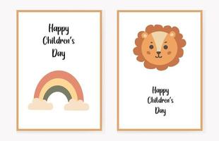 juego de tarjetas de invitación para niños con un arco iris y un león, feliz día del niño. felicitaciones ilustración vectorial vector