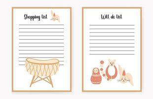 To-do list template and shopping list. A notepad for stationery on an isolated background. boho style, with a baby cot, toys vector