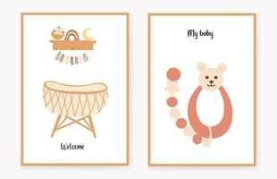 a set of invitation cards for children with a crib and a shelf with toys, and a baby rattle rodent for teeth. sweet baby. welcome. Vector illustration