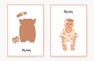 A set of invitation cards for children with cute baby clothes and a baby girl. Welcome. My baby. Vector illustration.