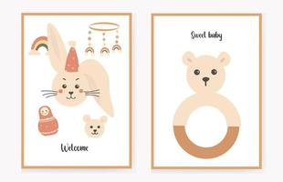 set of invitation cards for children with a hare and a cute rattle bear, birthday greeting cards. Welcome, sweet baby. Vector illustration