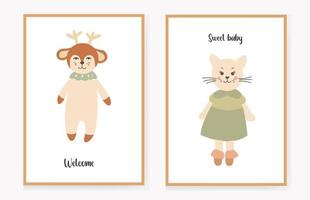 set of invitation cards for children with a cute deer and a cat in a dress, birthday greeting cards. welcome, sweet baby. Vector illustration.