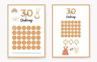 30 days challenge, children's, boho style. vector illustration, with elements of a hanger with children's cute clothes, a hare, a rainbow, a rattle and others