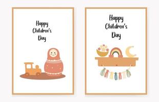 set of invitation cards for children with a matryoshka doll and a shelf with decor and . congratulation. Vector illustration.