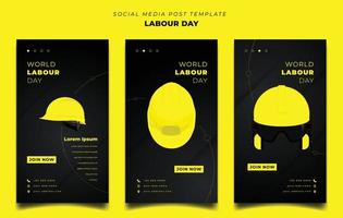 conjunto de plantillas de publicaciones en redes sociales con fondo geométrico amarillo negro para el diseño del día del trabajo vector