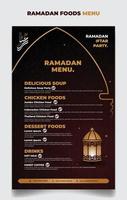plantilla de menú de ramadán en fondo islámico rojo y dorado con diseño de linterna. iftar significa desayuno y texto árabe significa ramadán. vector