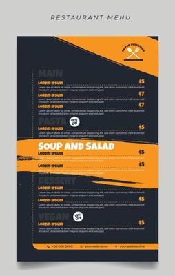 Black and yellow restaurant menu template with grunge design.