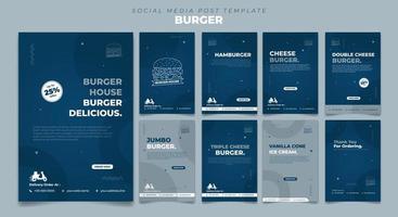 Blue social media post template design with simple circle design. social media template with burger design. vector