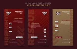 Set of social media template with red and gold background for firefighter day in portrait design vector