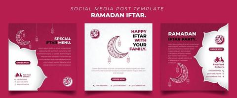conjunto de plantillas cuadradas de publicación en medios sociales en rosa y blanco con diseño de linterna y luna. iftar significa desayuno y texto árabe significa ramadán. vector