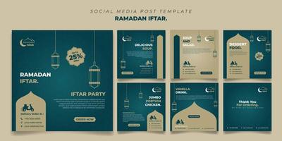 establecer el cuadrado de la plantilla de publicación de redes sociales de ramadán en un diseño de fondo verde y marrón. iftar significa desayunar y marhaban significa es bienvenido.