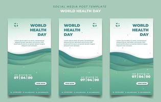 conjunto de plantillas de redes sociales en verde y blanco con un diseño de fondo ondulado de corte de papel simple. plantilla de medios sociales de salud verde. vector