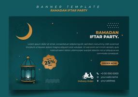 Banner template in green and gold background with lantern design. Iftar mean is breakfasting. vector