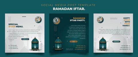 conjunto de plantillas cuadradas de publicación en medios sociales en verde, blanco y dorado con diseño de linterna. iftar significa desayunar. vector