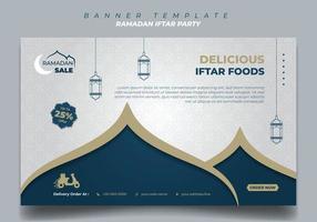 plantilla de banner en azul y blanco con diseño de fondo islámico. iftar significa desayunar. vector