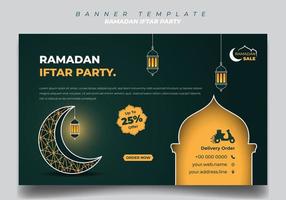 Banner template in green and yellow background with moon and lantern design. Iftar mean is breakfasting. vector