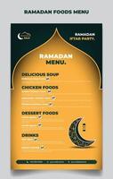 Ramadan menu template in yellow and green islamic background with moon and lantern design. vector