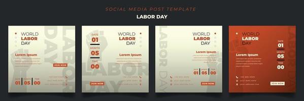 Set of social media post template with orange yellow background in square for labor day design vector