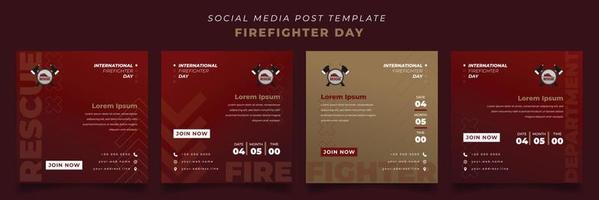 Set of social media post template with red and gold background for firefighter day design vector