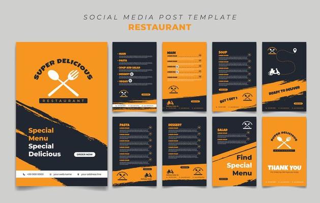 Elegance Black and Yellow social media template design with foods menu. Restaurant template design in black and yellow colors.