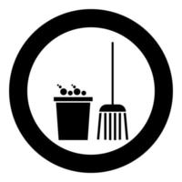 Bucket and broom icon black color in circle vector