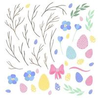 Easter set with Easter eggs, flowers, leaves and branches on white background