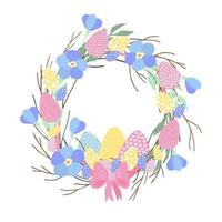 Easter wreath with Easter eggs, flowers, leaves and branches on white background vector