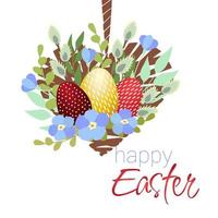 Easter composition a heart made of twigs with flowers, branches, willow and eggs vector