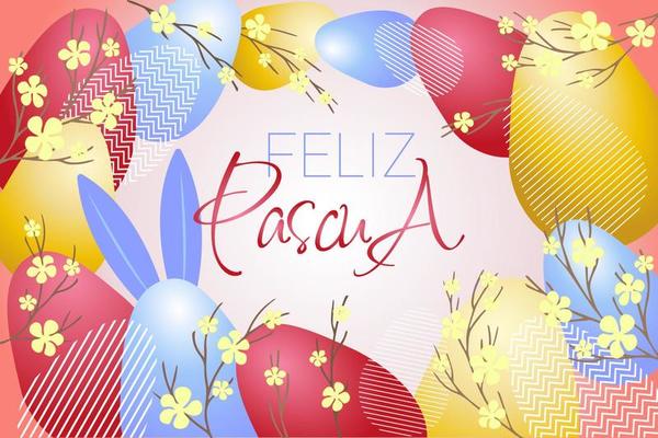 Feliz Pascua lettering. Easter postcard with red violet golden Easter eggs and branch