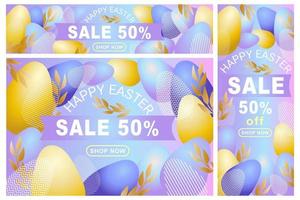 Easter Sale promotional poster templates with golden and violet eggs and branch vector