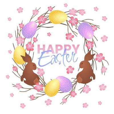 Happy Easter lettering. Easter wreath with Easter eggs, chocolate rabbit, flowers and branches on white background