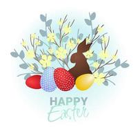 Happy Easter lettering. Easter wreath with Easter eggs, chocolate rabbit, flowers and branches on white background vector